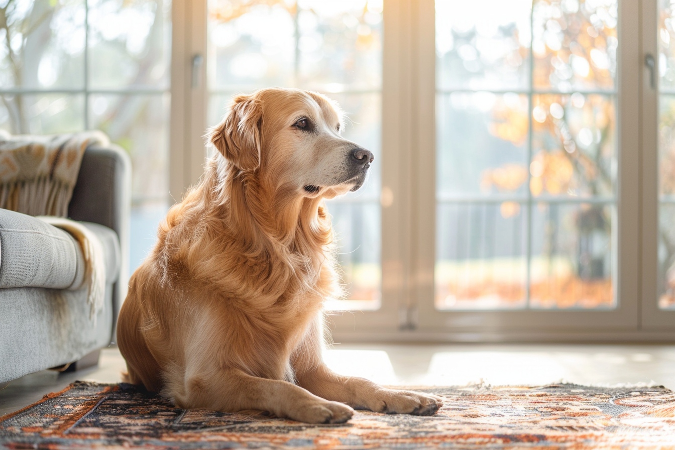 Vieux chien heureux explorant son nouveau domicile à Neuilly-sur-Seine après un déménagement réussi