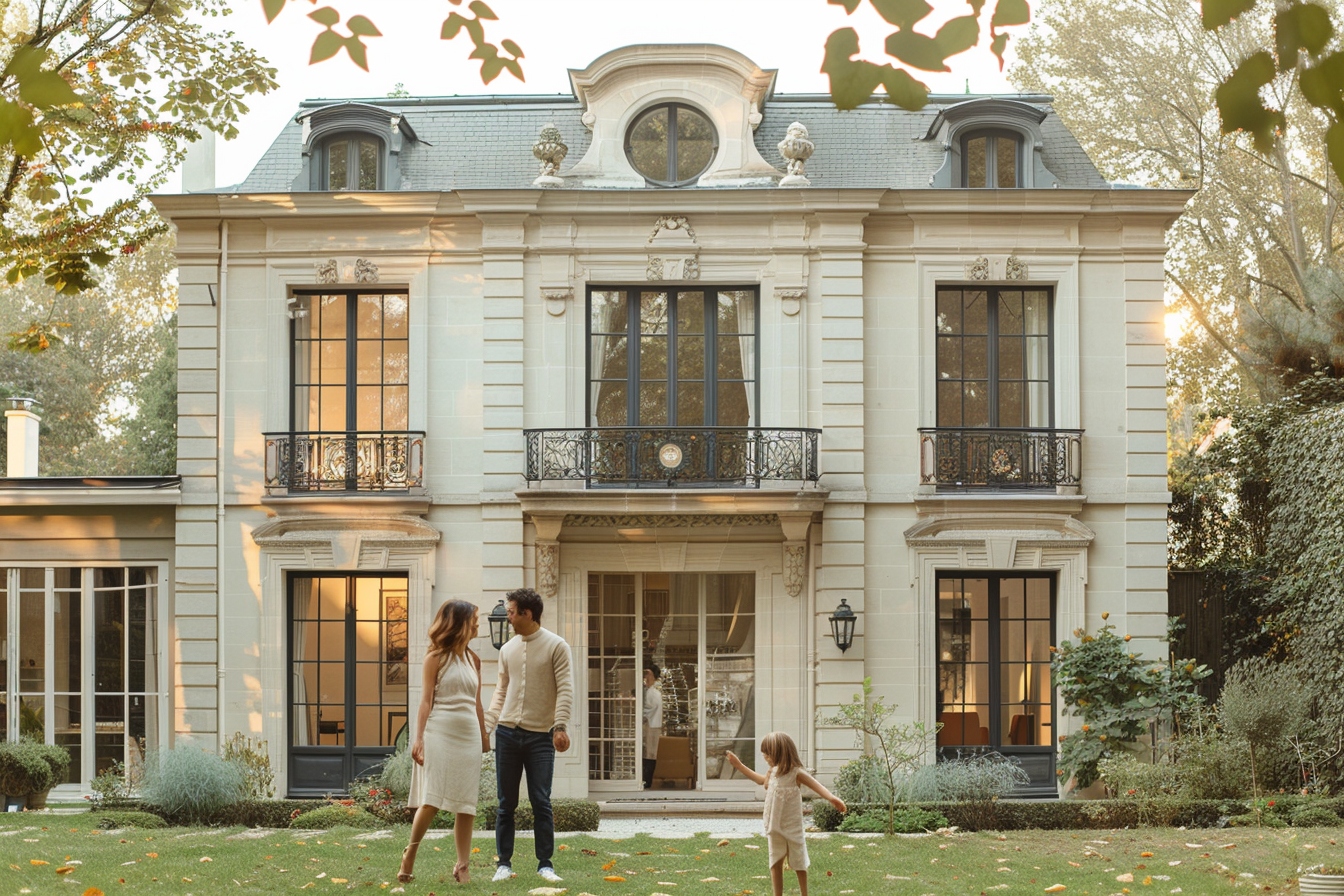 Famille devant maison élégante avec jardin.