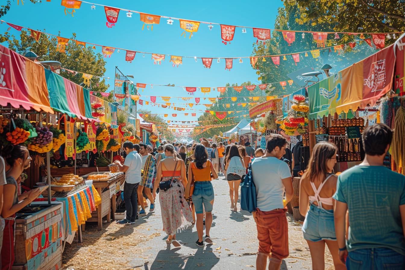Foule célébrant lors d'un festival coloré à Neuilly-sur-Seine, ambiance festive en plein air