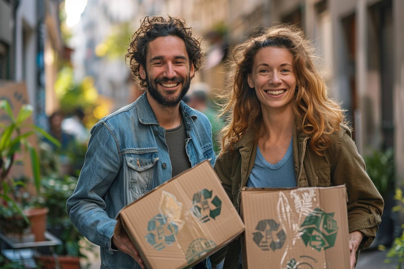 Boîtes en carton recyclé et plantes vertes prêtes au déménagement éco-responsable à Neuilly-sur-Seine